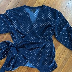 J. Crew Navy Wrap Blouse with White Micro Diamond Print